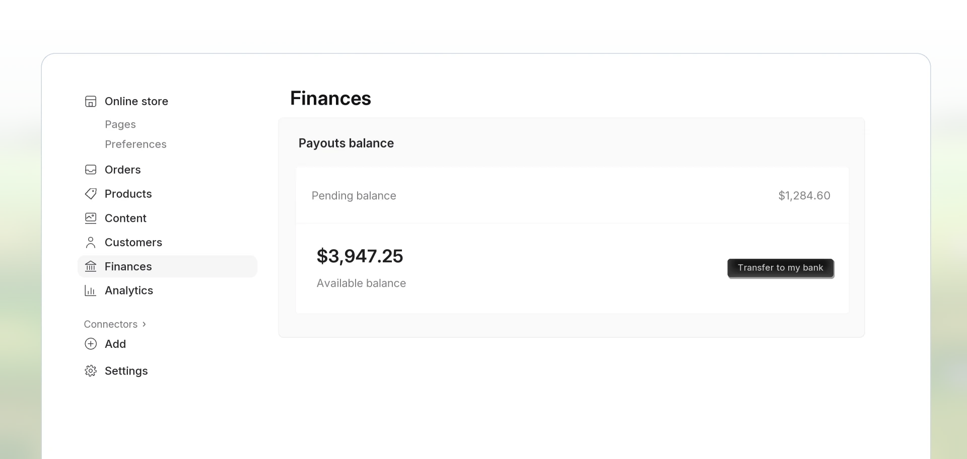 The finances panel of a Weblym store: the pending balance, the available balance and the button to transfer it to the bank